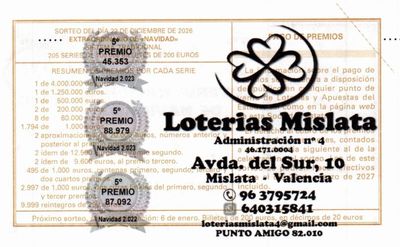 Reverso del d&eacute;cimo 80345 con el sello de la Administraci&oacute;n n&ordm; 4 &laquo;Loter&iacute;as Mislata&raquo;, en Mislata